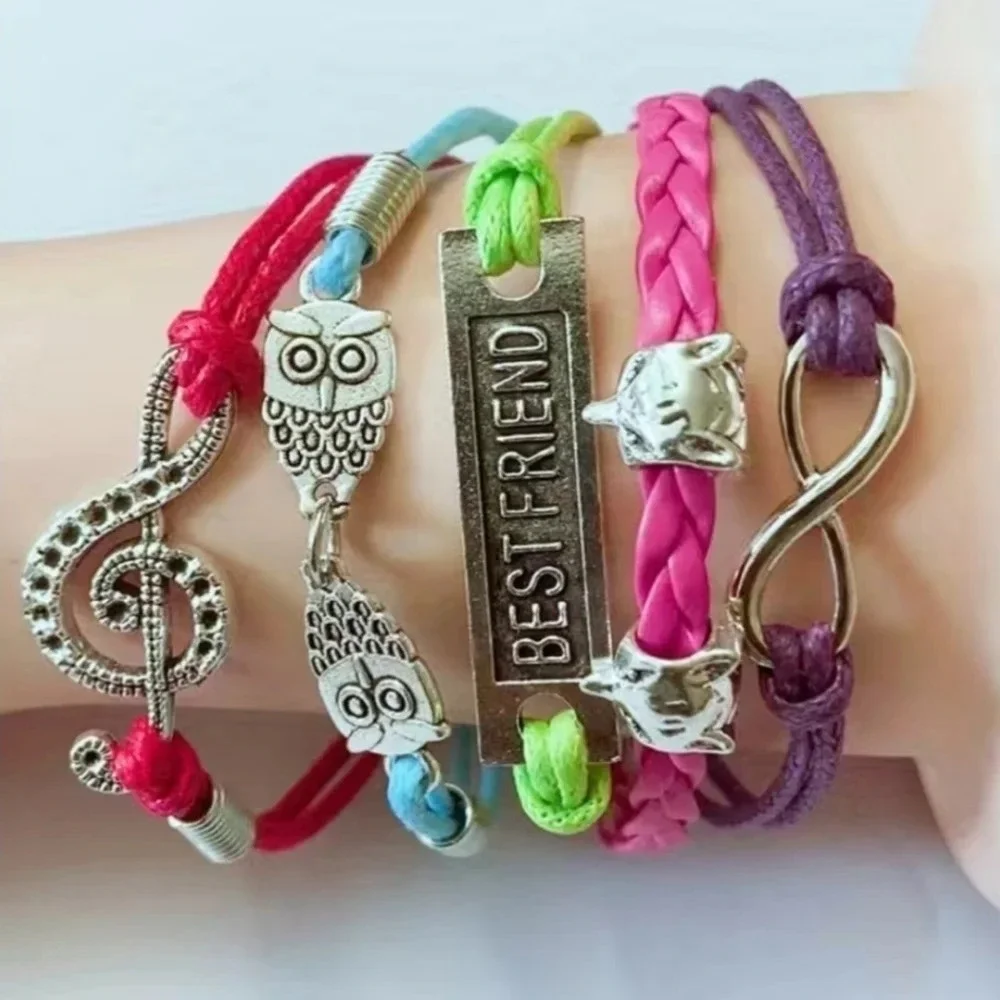 Best Friend & Music & Owl & Infinity Charm Faux Leather Multi-layered Bracelet